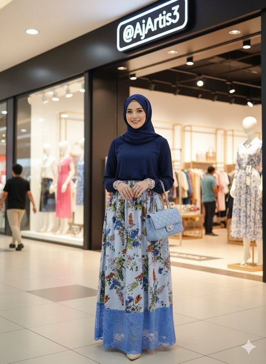 The "Azure Bloom" Silk-Ramie Blend Maxi Skirt