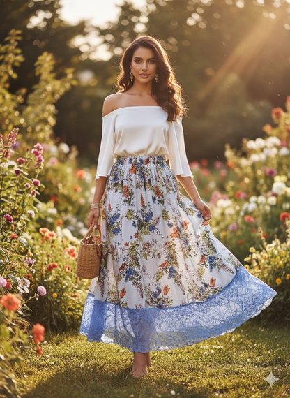 The "Azure Bloom" Silk-Ramie Blend Maxi Skirt