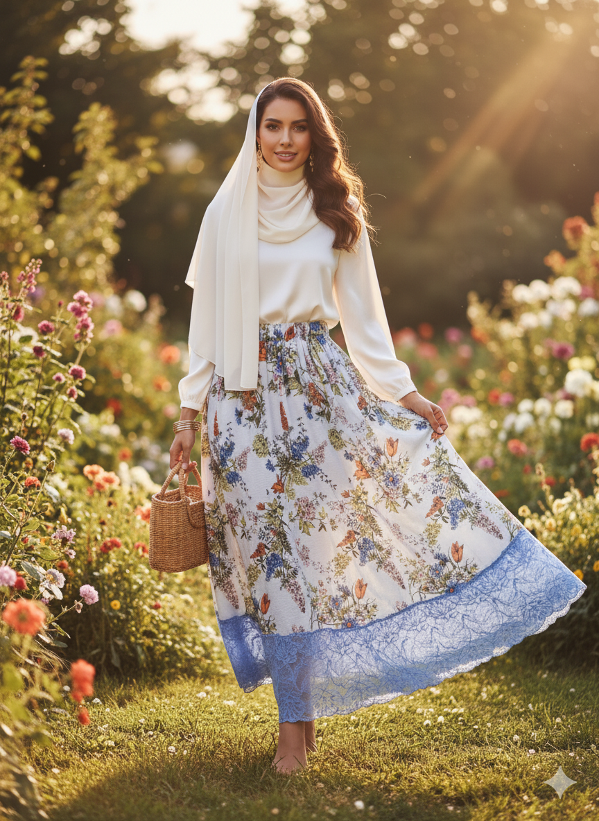 The "Azure Bloom" Silk-Ramie Blend Maxi Skirt
