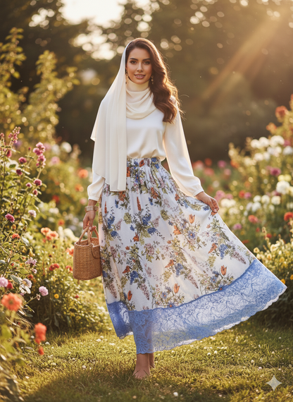 The "Azure Bloom" Silk-Ramie Blend Maxi Skirt